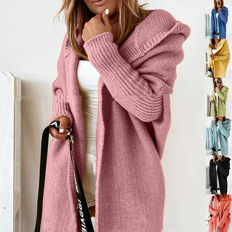 Ins Knitted Hooded Cardigan Fashion Loose Solid Color Batwing Sleeve Sweater Autumn And Winter Women's Clothing